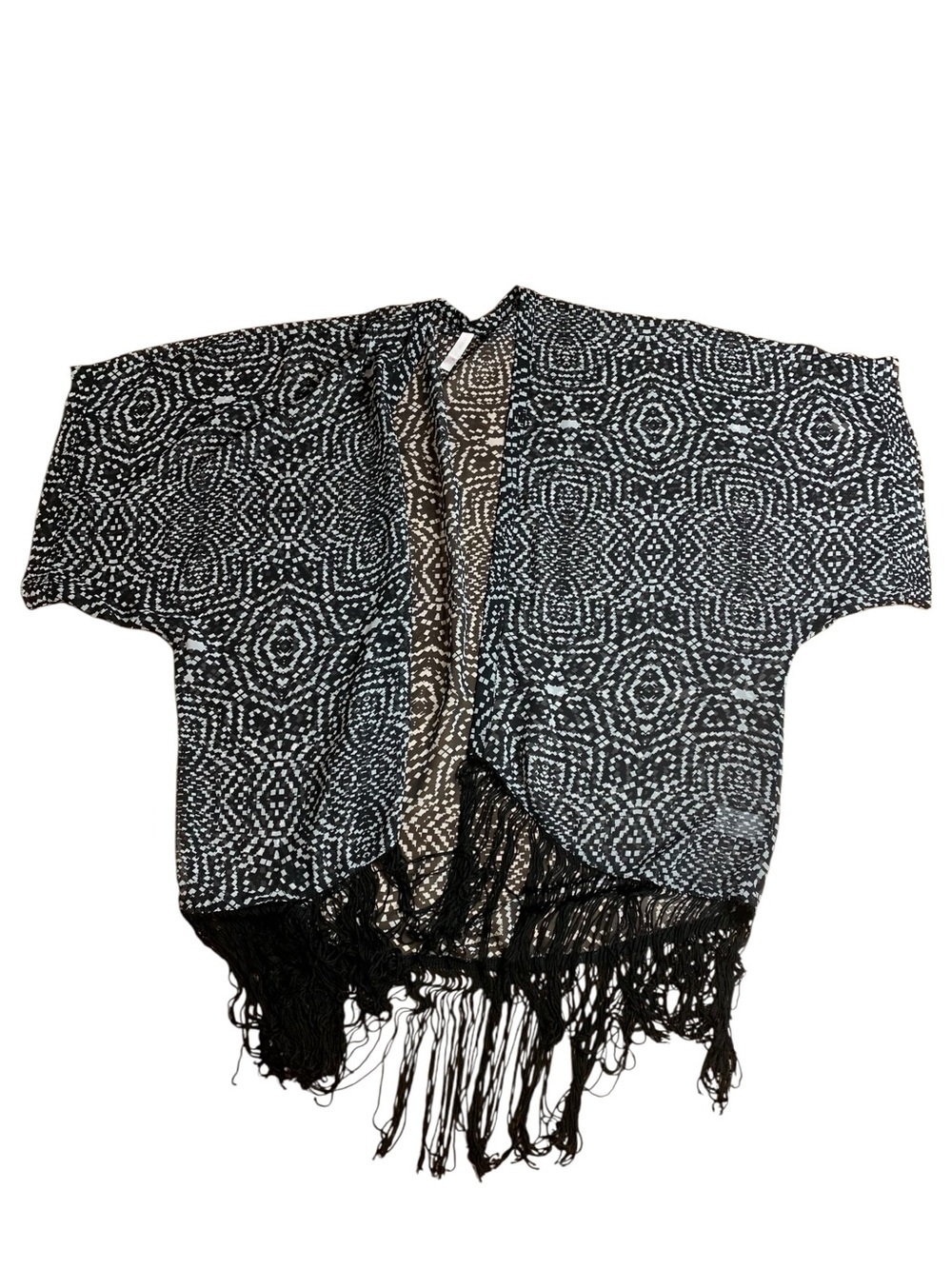 Xhilaration Geometric Fringe Kimono Cardigan S/M Black & White